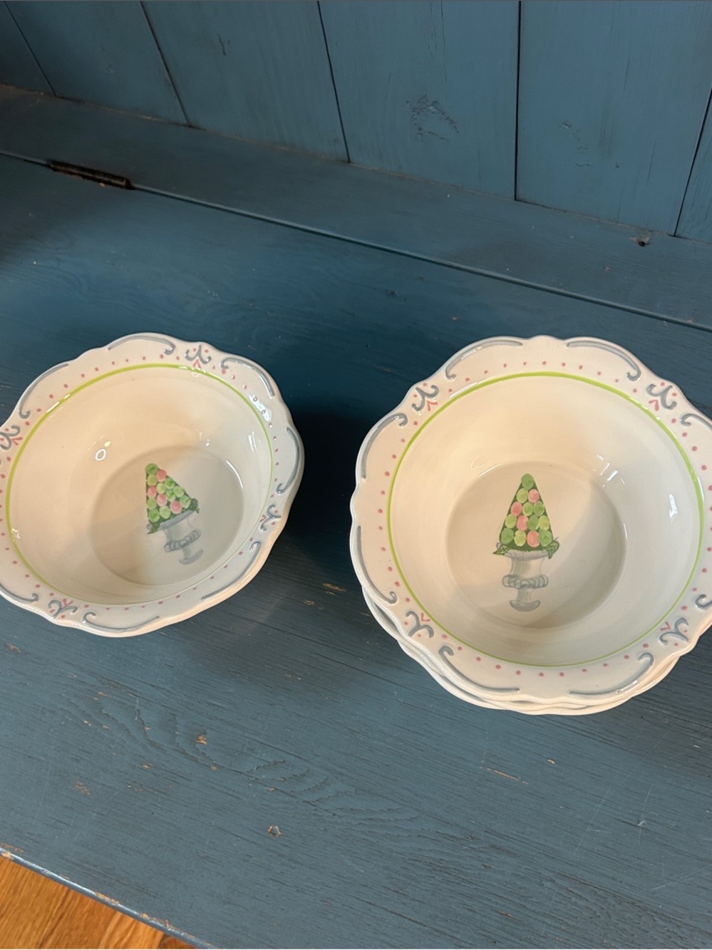 Mesa Home Collection Hand-Painted White Ceramic Serving Bowls with Green Accent